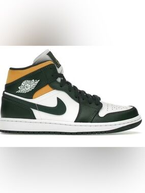 Air Jordan 1 Mid Sneakers - White, Dark Green & Yellow “Sonic green”